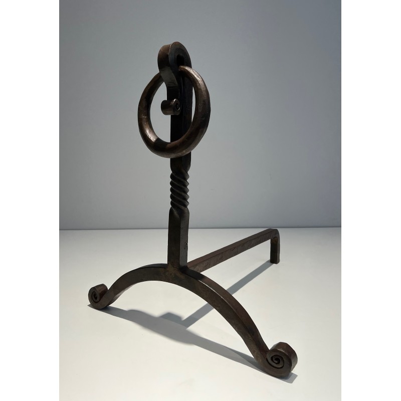 Pair of Wrought Iron Andirons, French Work in the Style of Jacques Adnet, Circa 1950