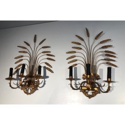 Pair of Gilded Wheat Sheaf Wall Sconces, French Work in the Style of Coco Chanel, Circa 1970