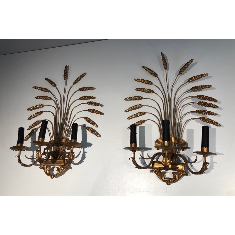 Pair of Gilded Wheat Sheaf Wall Sconces, French Work in the Style of Coco Chanel, Circa 1970