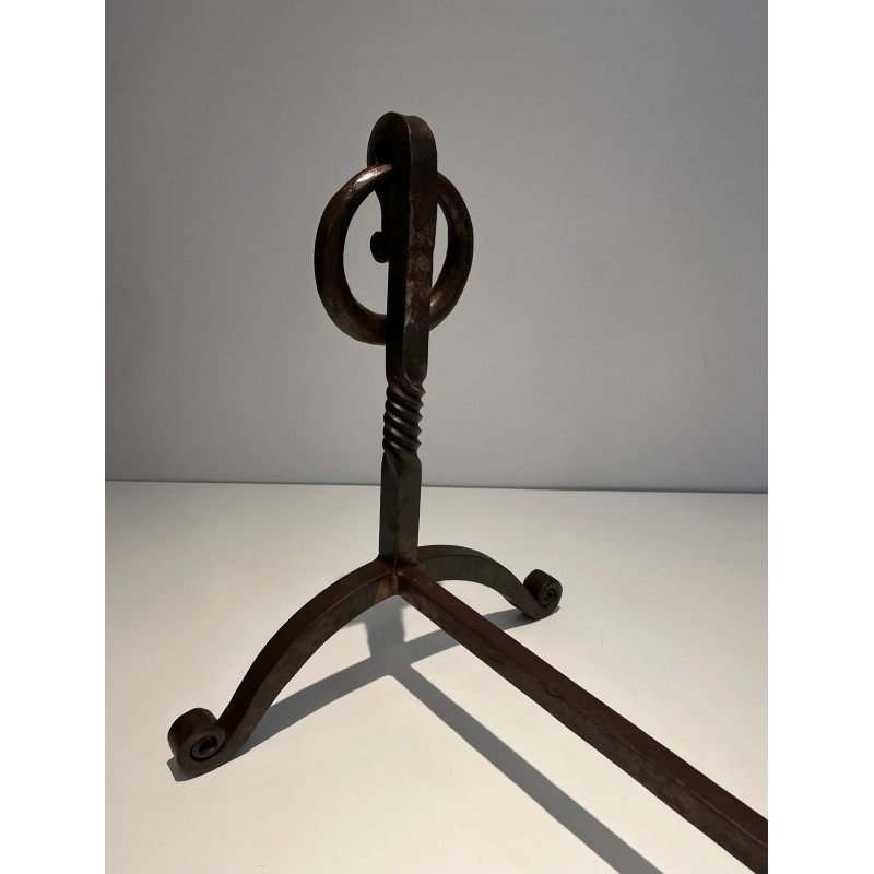 Pair of Wrought Iron Andirons, French Work in the Style of Jacques Adnet, Circa 1950