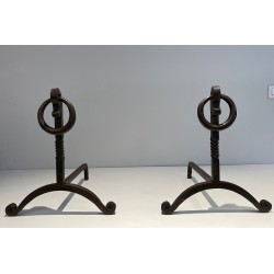 Pair of Wrought Iron Andirons, French Work in the Style of Jacques Adnet, Circa 1950