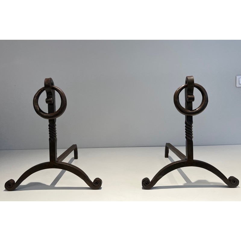 Pair of Wrought Iron Andirons, French Work in the Style of Jacques Adnet, Circa 1950