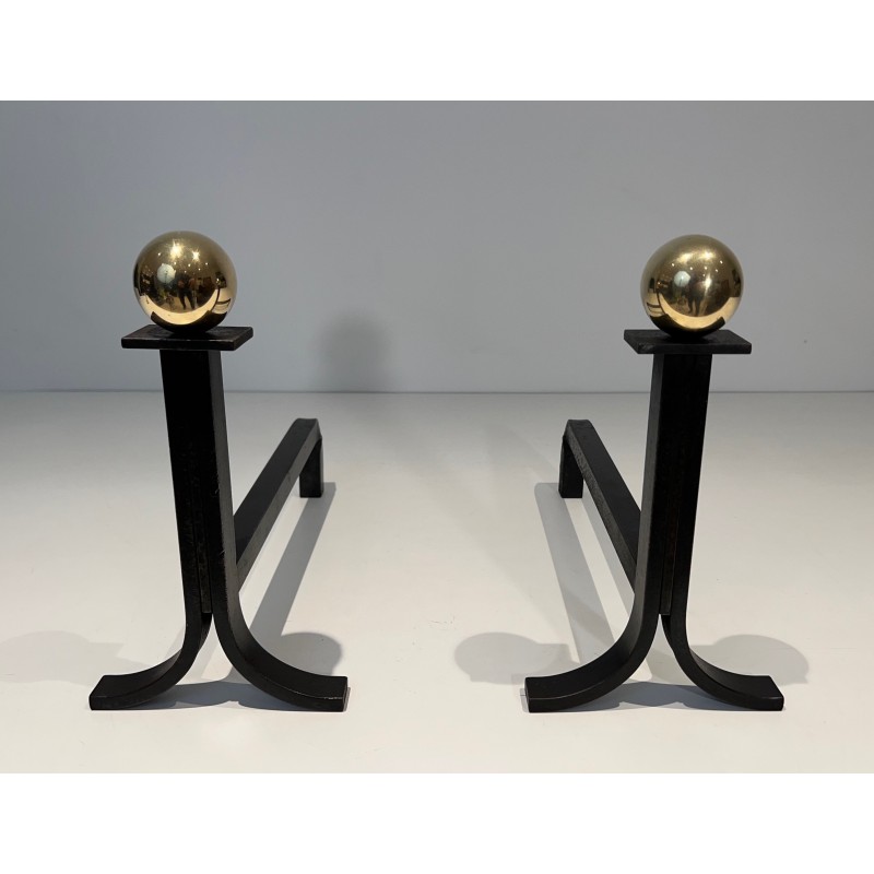 Pair of Modernist Steel, Brass and Wrought Iron Andirons, French Work in the Style of Jacques Adnet, Circa 1940