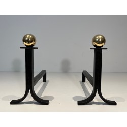 Pair of Modernist Steel, Brass and Wrought Iron Andirons, French Work in the Style of Jacques Adnet, Circa 1940