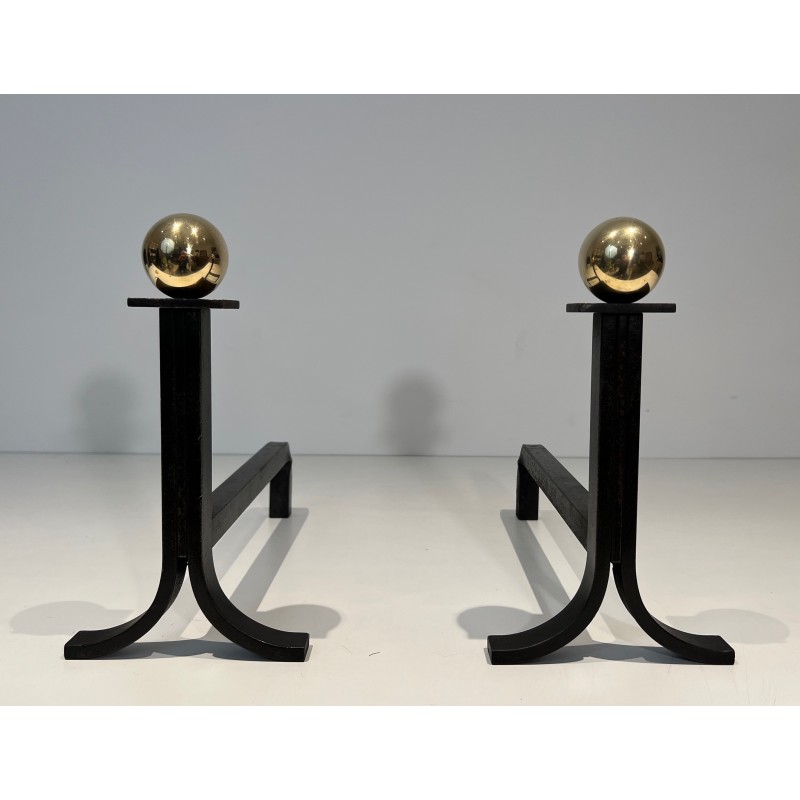 Pair of Modernist Steel, Brass and Wrought Iron Andirons, French Work in the Style of Jacques Adnet, Circa 1940