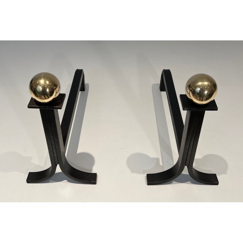 Pair of Modernist Steel, Brass and Wrought Iron Andirons, French Work in the Style of Jacques Adnet, Circa 1940