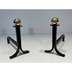 Pair of Modernist Steel, Brass and Wrought Iron Andirons, French Work in the Style of Jacques Adnet, Circa 1940