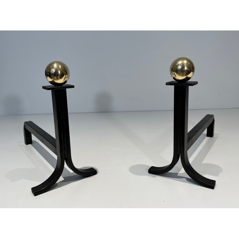 Pair of Modernist Steel, Brass and Wrought Iron Andirons, French Work in the Style of Jacques Adnet, Circa 1940