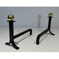 Pair of Modernist Steel, Brass and Wrought Iron Andirons, French Work in the Style of Jacques Adnet, Circa 1940
