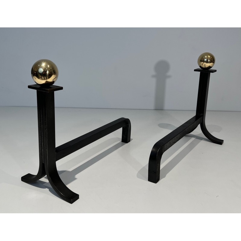 Pair of Modernist Steel, Brass and Wrought Iron Andirons, French Work in the Style of Jacques Adnet, Circa 1940