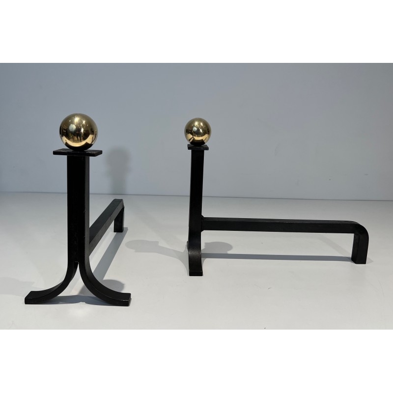 Pair of Modernist Steel, Brass and Wrought Iron Andirons, French Work in the Style of Jacques Adnet, Circa 1940