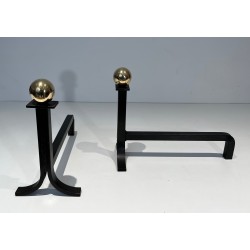 Pair of Modernist Steel, Brass and Wrought Iron Andirons, French Work in the Style of Jacques Adnet, Circa 1940