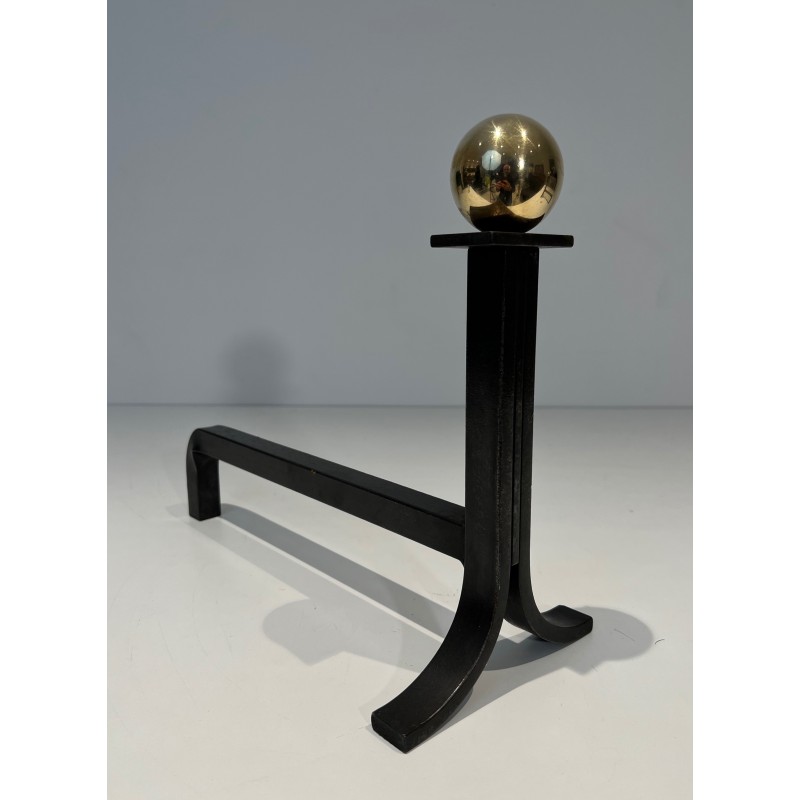 Pair of Modernist Steel, Brass and Wrought Iron Andirons, French Work in the Style of Jacques Adnet, Circa 1940