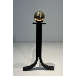 Pair of Modernist Steel, Brass and Wrought Iron Andirons, French Work in the Style of Jacques Adnet, Circa 1940