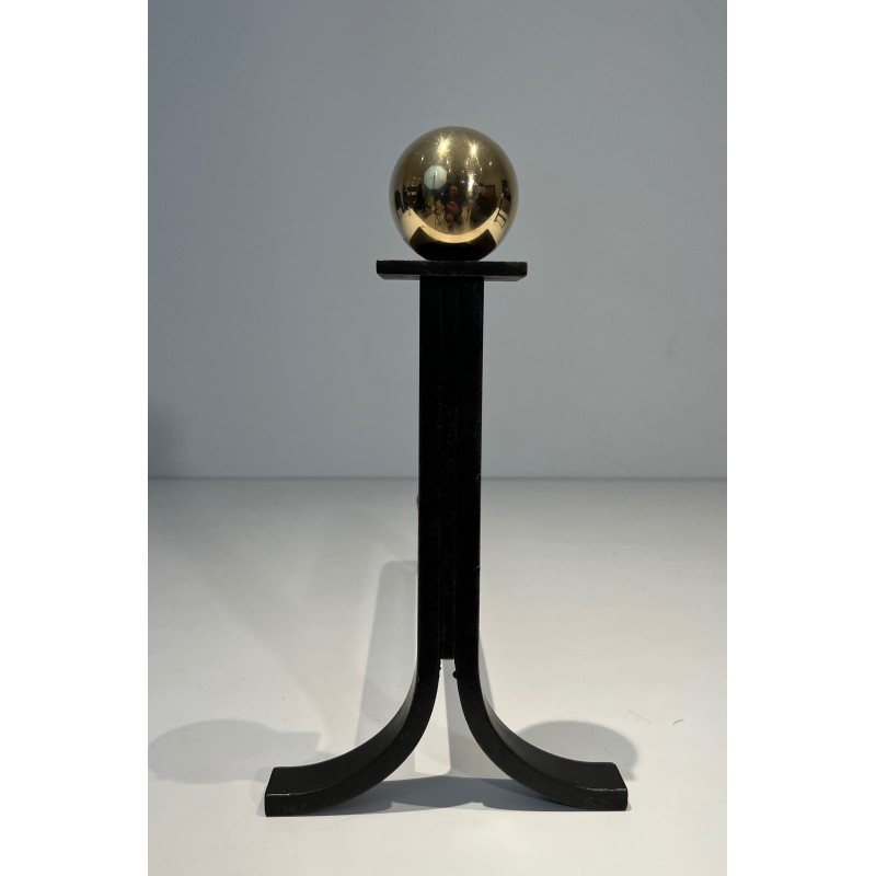 Pair of Modernist Steel, Brass and Wrought Iron Andirons, French Work in the Style of Jacques Adnet, Circa 1940