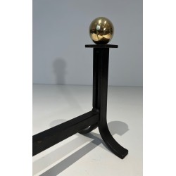 Pair of Modernist Steel, Brass and Wrought Iron Andirons, French Work in the Style of Jacques Adnet, Circa 1940