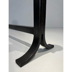 Pair of Modernist Steel, Brass and Wrought Iron Andirons, French Work in the Style of Jacques Adnet, Circa 1940