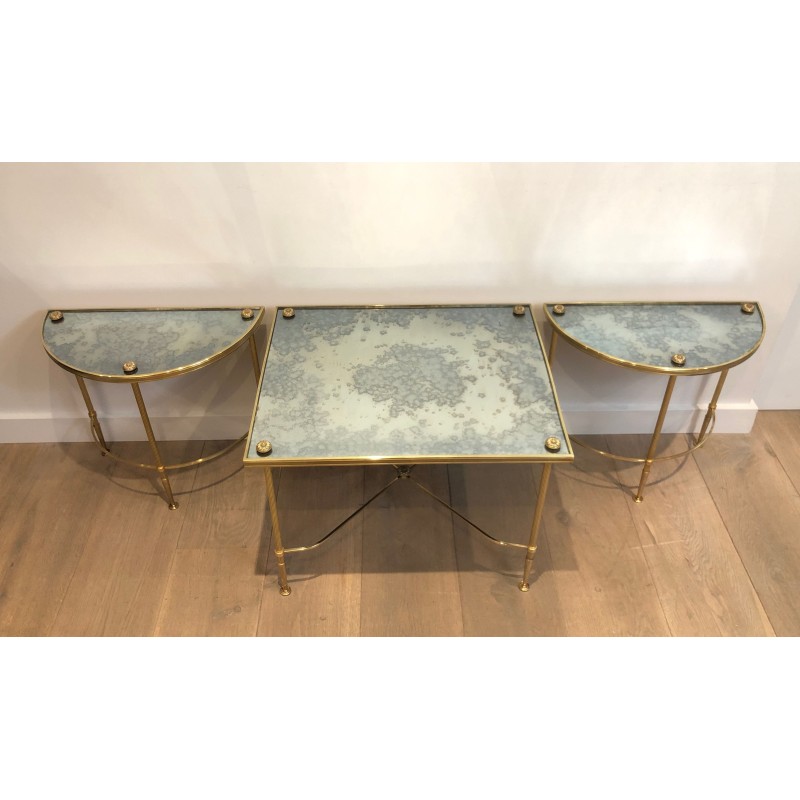 Tripartite Brass and Églomisé Mirror Coffee Table by Maison Baguès, French Work, Circa 1940