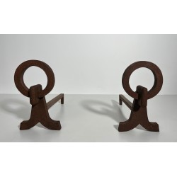 Pair of Modernist Wrought Iron Andirons, French Work in the Style of Jacques Adnet, Circa 1950