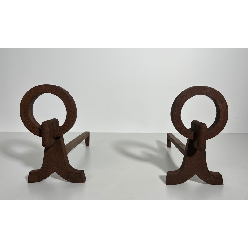 Pair of Modernist Wrought Iron Andirons, French Work in the Style of Jacques Adnet, Circa 1950