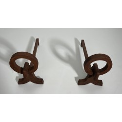 Pair of Modernist Wrought Iron Andirons, French Work in the Style of Jacques Adnet, Circa 1950