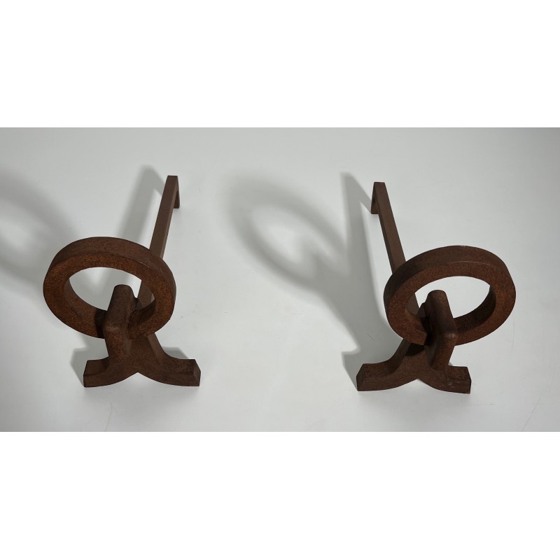 Pair of Modernist Wrought Iron Andirons, French Work in the Style of Jacques Adnet, Circa 1950