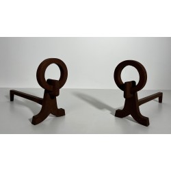 Pair of Modernist Wrought Iron Andirons, French Work in the Style of Jacques Adnet, Circa 1950