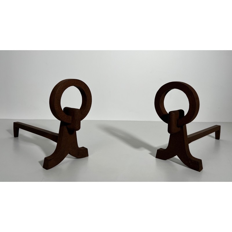 Pair of Modernist Wrought Iron Andirons, French Work in the Style of Jacques Adnet, Circa 1950