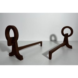 Pair of Modernist Wrought Iron Andirons, French Work in the Style of Jacques Adnet, Circa 1950