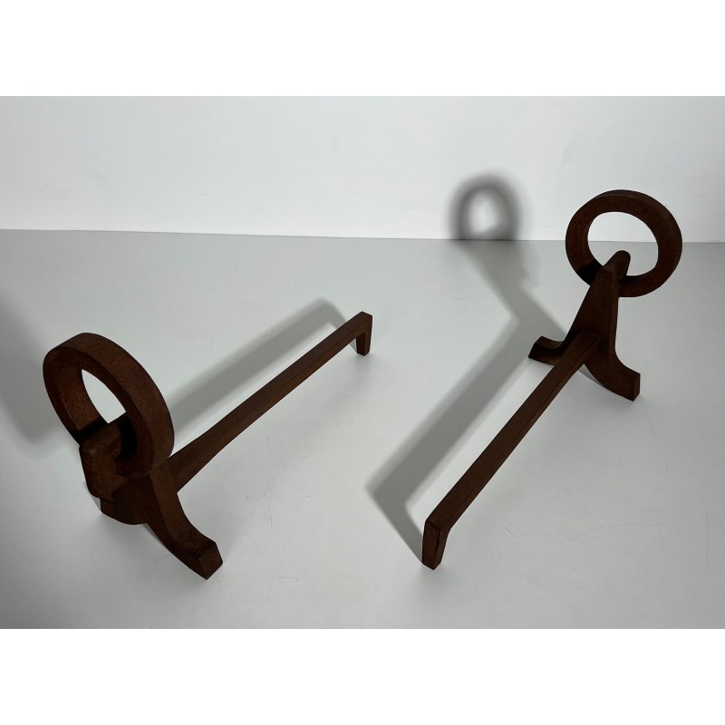 Pair of Modernist Wrought Iron Andirons, French Work in the Style of Jacques Adnet, Circa 1950
