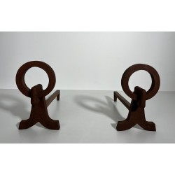 Pair of Modernist Wrought Iron Andirons, French Work in the Style of Jacques Adnet, Circa 1950