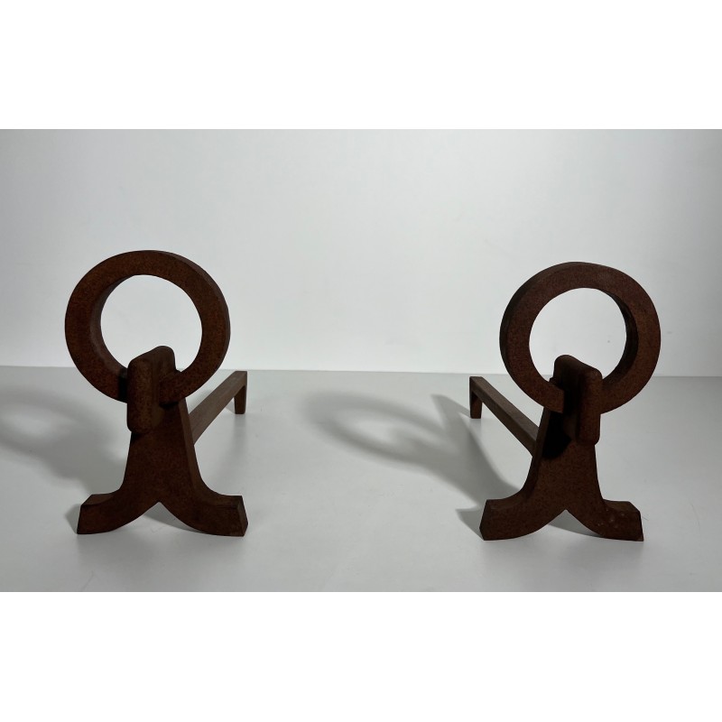 Pair of Modernist Wrought Iron Andirons, French Work in the Style of Jacques Adnet, Circa 1950