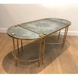 Tripartite Brass and Églomisé Mirror Coffee Table by Maison Baguès, French Work, Circa 1940