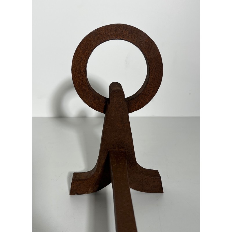 Pair of Modernist Wrought Iron Andirons, French Work in the Style of Jacques Adnet, Circa 1950