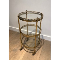 Table Roulante Ronde Néoclassique en Laiton à Triple Niveau, Attribuée à la Maison Jansen, Travail Français, Vers 1940