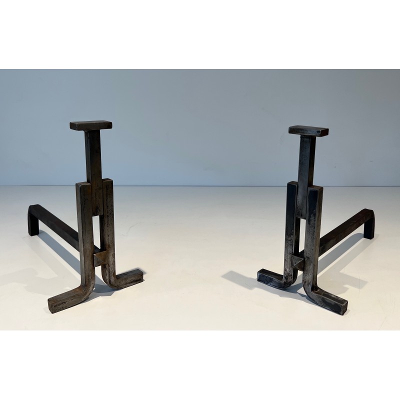 Pair of Modernist Cast Iron and Wrought Iron Andirons, French Work, Circa 1950