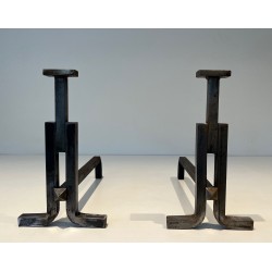 Pair of Modernist Cast Iron and Wrought Iron Andirons, French Work, Circa 1950