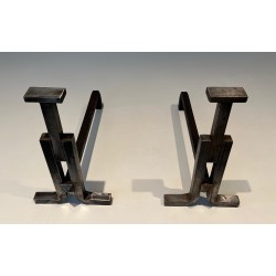 Pair of Modernist Cast Iron and Wrought Iron Andirons, French Work, Circa 1950
