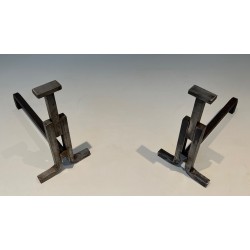 Pair of Modernist Cast Iron and Wrought Iron Andirons, French Work, Circa 1950