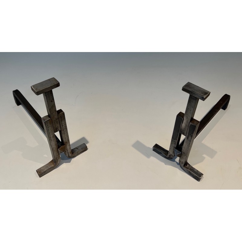 Pair of Modernist Cast Iron and Wrought Iron Andirons, French Work, Circa 1950
