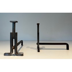 Pair of Modernist Cast Iron and Wrought Iron Andirons, French Work, Circa 1950