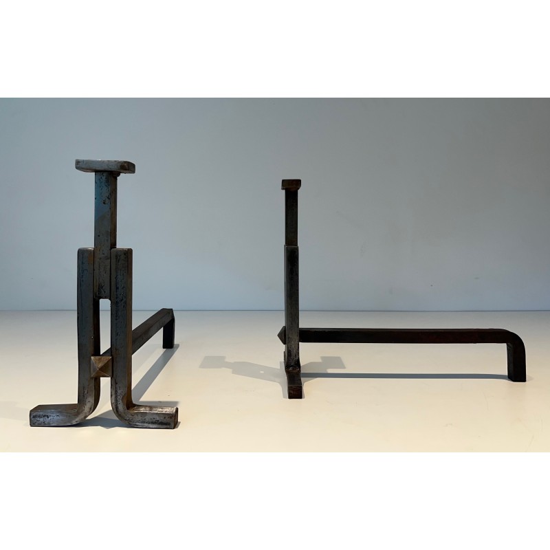 Pair of Modernist Cast Iron and Wrought Iron Andirons, French Work, Circa 1950