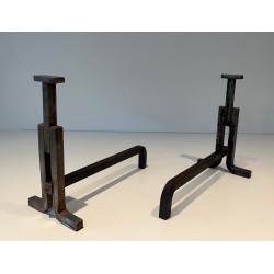 Pair of Modernist Cast Iron and Wrought Iron Andirons, French Work, Circa 1950
