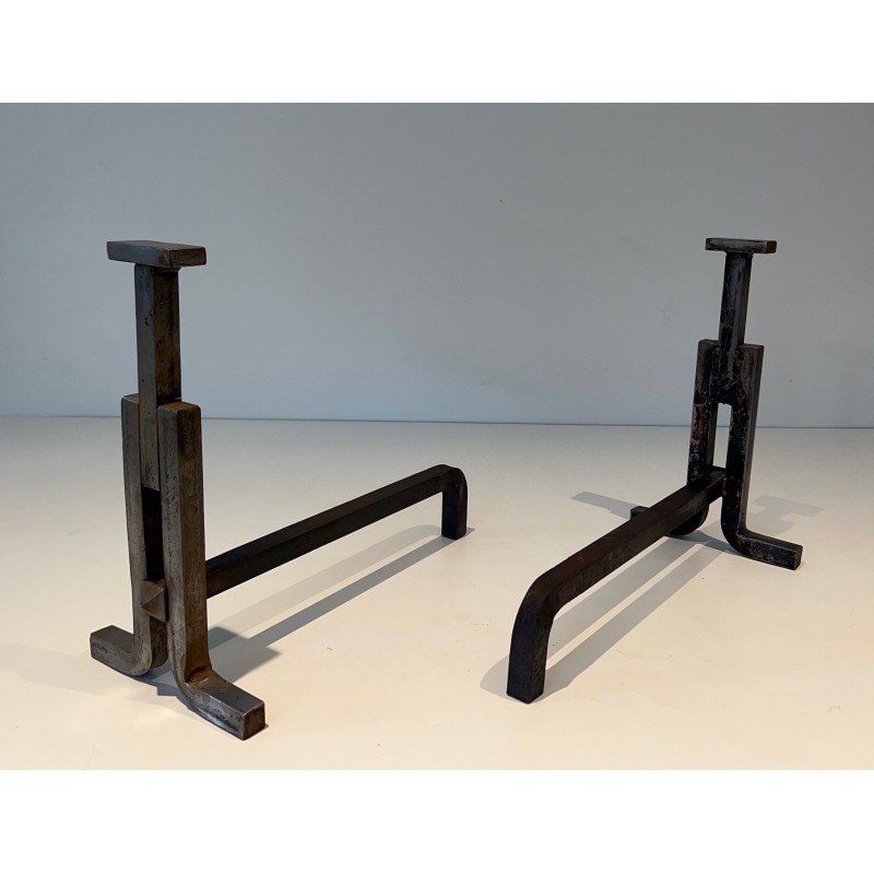 Pair of Modernist Cast Iron and Wrought Iron Andirons, French Work, Circa 1950