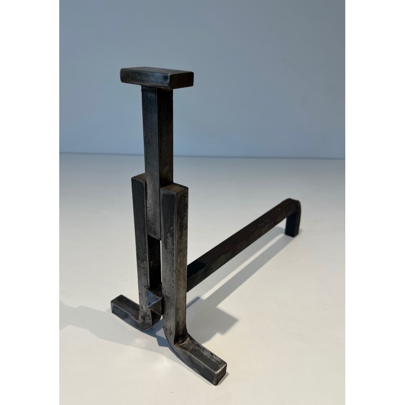 Pair of Modernist Cast Iron and Wrought Iron Andirons, French Work, Circa 1950