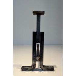 Paire de Chenets Modernistes en Fonte et Fer Forgé, Travail Français, Vers 1950