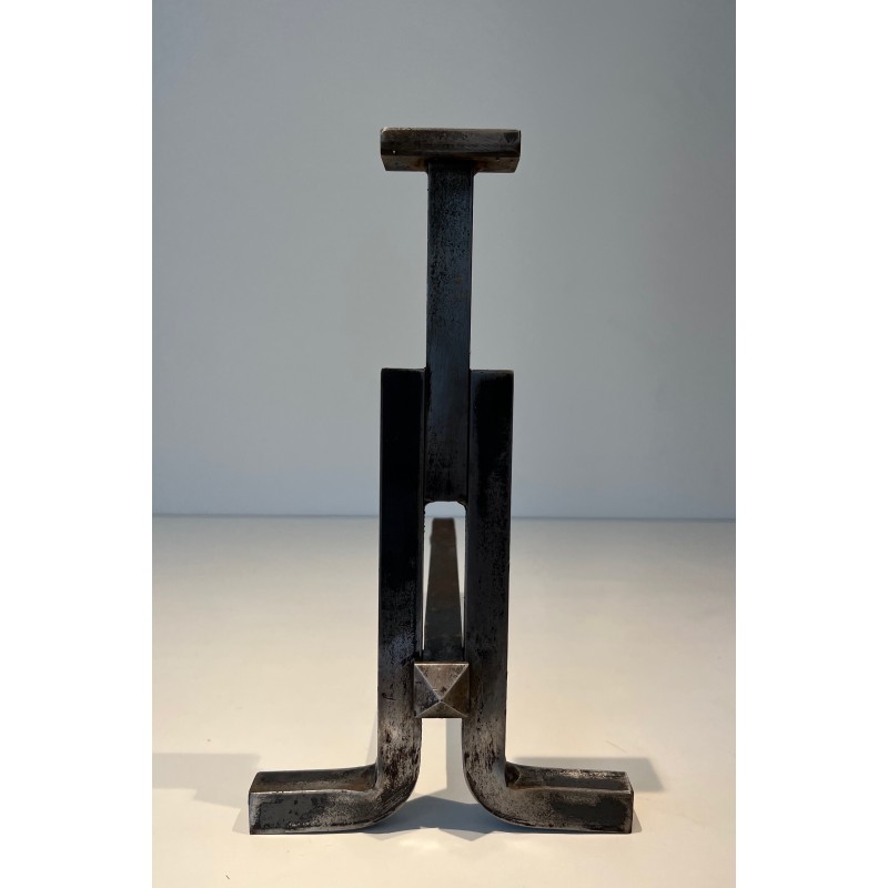 Paire de Chenets Modernistes en Fonte et Fer Forgé, Travail Français, Vers 1950