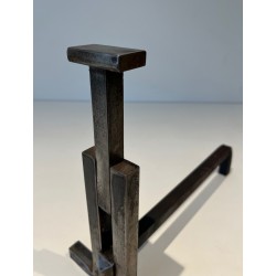 Paire de Chenets Modernistes en Fonte et Fer Forgé, Travail Français, Vers 1950