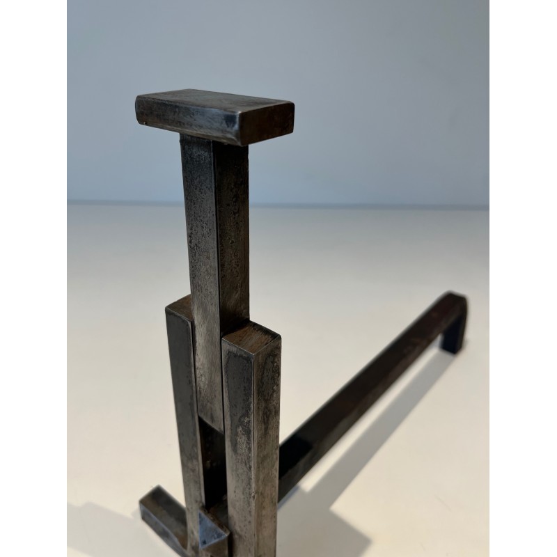 Pair of Modernist Cast Iron and Wrought Iron Andirons, French Work, Circa 1950