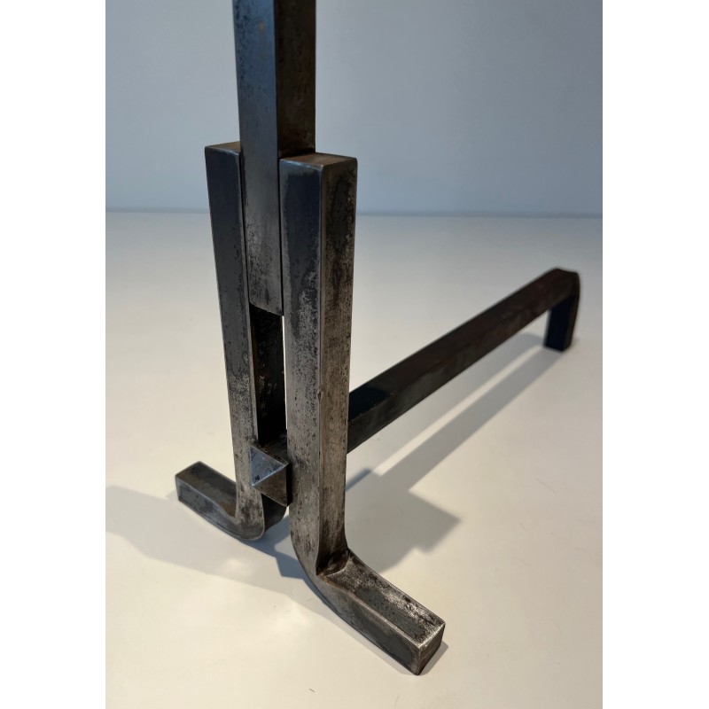 Pair of Modernist Cast Iron and Wrought Iron Andirons, French Work, Circa 1950